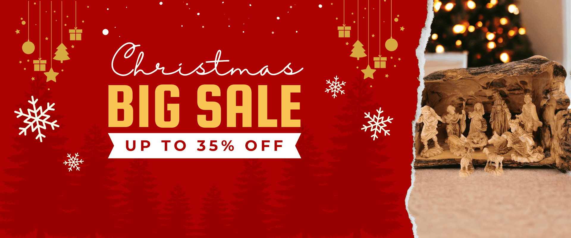 Festive Christmas sale banner with holiday decorations and a nativity scene for Nissan Brothers dealership.